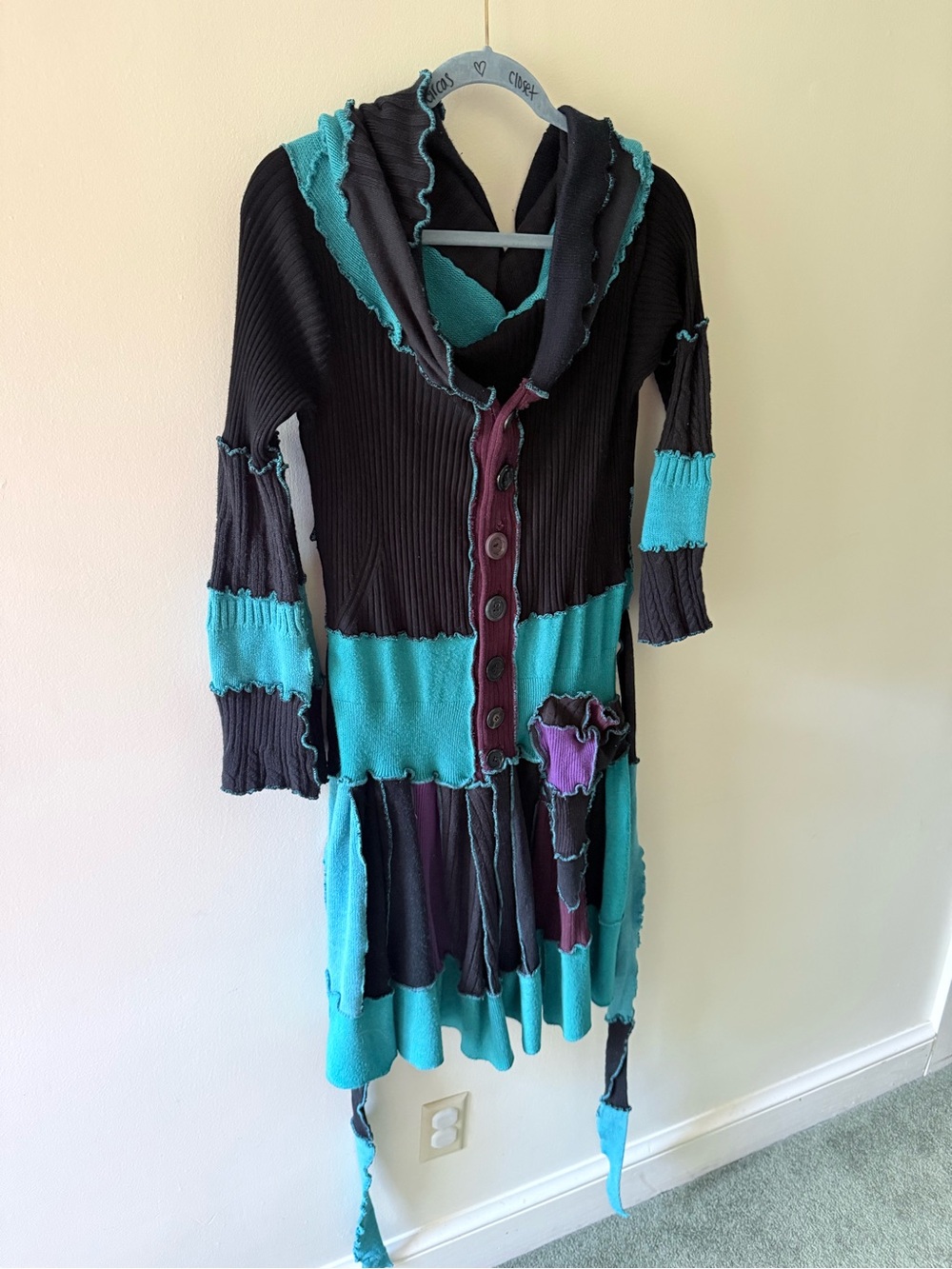 Patchwork Fairy Goblin core Cottage Pointy Hood Jacket Coat Dress Goth Grunge M - Picture 13 of 13